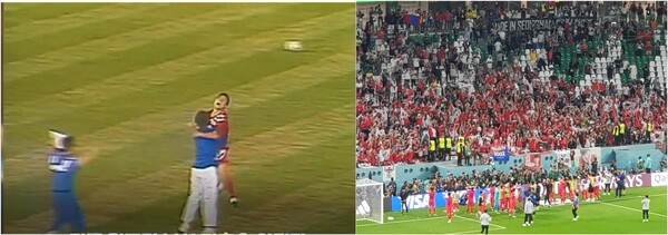 29년 전 이라크의 자파르 선수가 동점골을 넣었다는 소식이 우리 선수들에게 들리자 당시 고정운 선수가 선수단 스태프에 안기며 기쁨을 만끽하는 순간(왼쪽), 포르투갈전 후 우루과이와 가나와의 경기가 끝나고 16강 진출이 확정되자 기뻐하는 선수들과 이를 축하하는 팬들 모습, 잔디에는 태극기를 깐 모습도 보인다. ⓒKBS스포츠 Youtube 캡처, 이원무