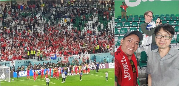 포르투갈전 이후 ‘알 라얀의 기적’을 이루며 크게 기뻐하는 선수들과 관중들 모습(좌측), 한 외국팬과 함께(우측). ⓒ이원무