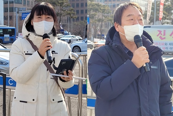 23일 오전 10시 국회 앞에서 개최된 ‘장애인평생교육법 국회 교육위원회 심의 촉구 긴급농성 보고’ 기자회견에서 발언하는 김포장애인야학 해방 사무국장(왼쪽)과 노들장애인야학 천성호 교장(오른쪽).©에이블뉴스