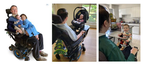 친밀감 강화를 위한 아기 띠(좌), 전동휠체어용 베이비 캐리어(중), 훅 온 유아용 의자(우). © https://newmobility.com