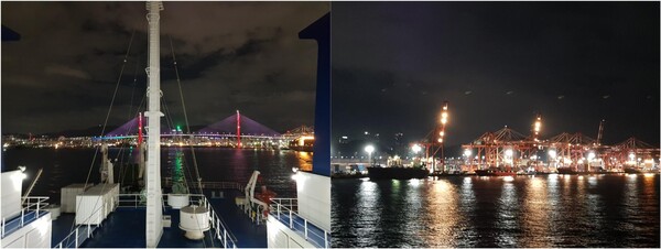 뉴카멜리아호가 출항해 부산항에서 멀어지는 가운데 LED 조명의 부산항 대교(왼쪽)와 화물이 즐비한 곳 근처 바다에 있는 선박 모습(오른쪽). ⓒ이원무