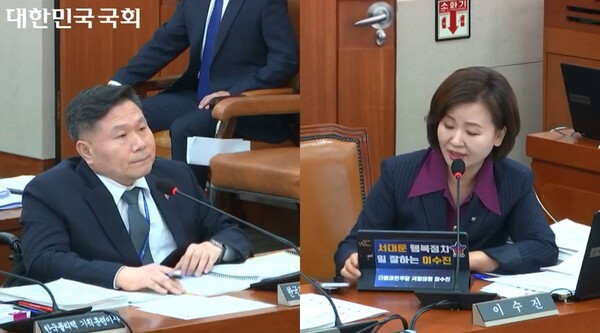 23일 한국장애인고용공단 국정감사에서 이수진 의원(더불어민주당, 사진 오른쪽)이 조향현 이사장에게 질의하고 있다. ©국회인터넷의사중계시스템