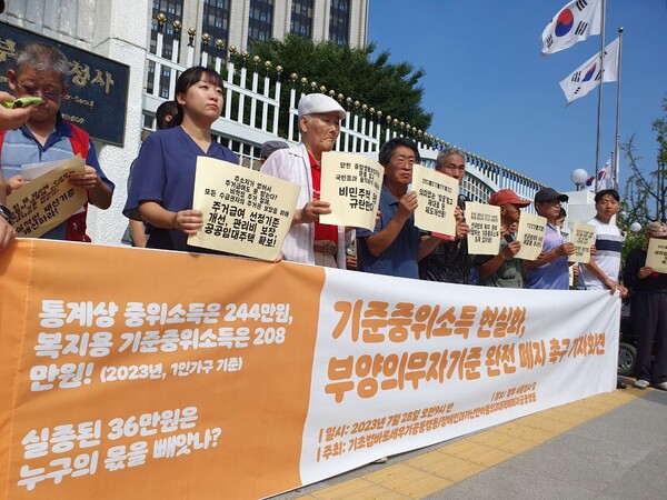 장애인단체 등 시민사회 단체들로 이루어진 기초법바로세우기공동행동 등이 기준중위소득을 현실화하고, 부양의무자 완전폐지 현수막을 들며 기자회견을 하는 모습. ⓒ빈곤사회연대 Facebook