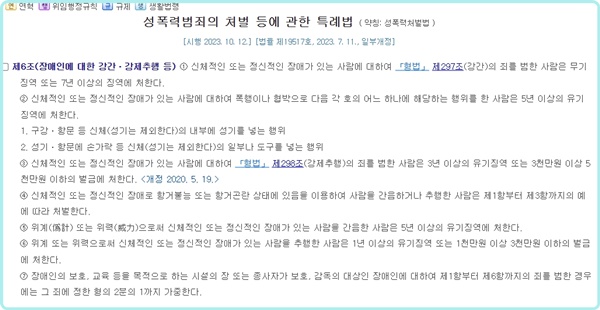 2023년 ‘성폭력범죄의 처벌 등에 관한 특례법’. ⓒ국가법령정보센터