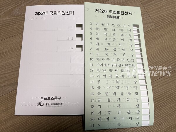 필자의 자택으로 배송된 점자보조용구. 제22대 국회의원 선거용 점자보조용구에 번호만 점자로 표기되어 있고, 정당 이름과 후보 이름은 백지로 남아 있다. ©조현대