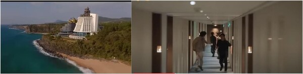 7인이 무인도에서 끔찍한 일을 저지른 후 무인도를 탈출해 제주도의 한 호텔(왼쪽)로 들어가 다음 모임을 위해 방에 들어가는 모습(오른쪽). ⓒSBS Drama Youtube 동영상 캡처