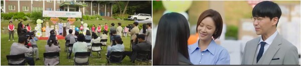 매튜 리가 자신의 기업 티키타카에서 개발한 실종 아동 찾기 앱 칠드런 홈 홍보에 열을 올리는 전경(좌측), 홍보 끝난 후 매튜 리와 금라희, 미셸 감독(유주 분)이 대화하는 모습(우측). ⓒSBS Drama Youtube 동영상 캡처