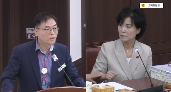 지난 13일 대구광역시의회 제309회 정례회에서 ‘동화구연 대회’의 참가 자격 차별에 대한 질의하는 대구광역시의회 육정미 의원(오른쪽)과 대구광역시교육청 유아·특수교육과 황정문 과장(왼쪽). ©전국특수교사노동조합