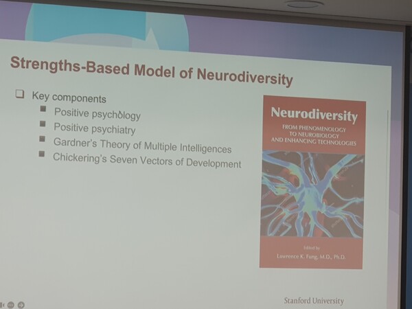 스탠퍼드 대학 로렌스 펑 교수의 ‘신경다양성: 다양성의 신(New)유형’이란 강연에서 신경다양성 강점 기반 모델에 대한 PPT내용. ⓒ이원무