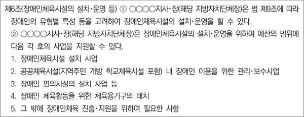 ‘장애인체육 진흥 표준조례’ 제정안 중 장애인체육시설의 설치･운영 등에 관한 조항. ⓒ서울올림픽기념국민체육진흥공단