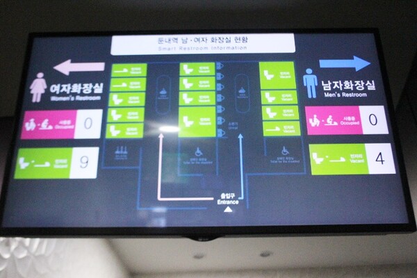 강경선 둔내역 맞이방에 설치된 남녀화장실 내부 통로에는 남녀화장실 사용 현황 안내판이 설치됐다. ©박종태