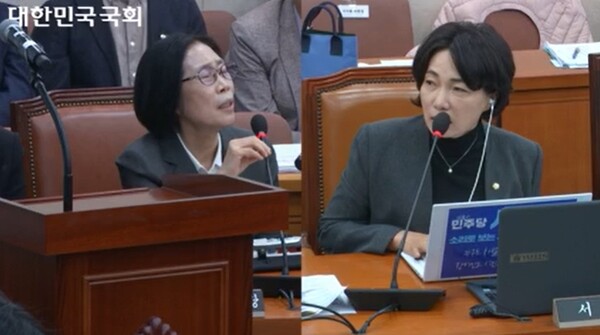 국회 보건복지위원회 서미화 의원(더불어민주당, 사진 오른쪽)이 지난 10월 21일 열린 한국장애인개발원 국정감사에서 ‘장애인·노인·임산부 등의 편의증진 보장에 관한 법률 시행령’의 개정에도 여전히 편의점에 접근할 수 없는 장애인의 현실을 지적하며, 이경혜 한국장애인개발원장에게 질의하는 모습. ⓒ국회방송
