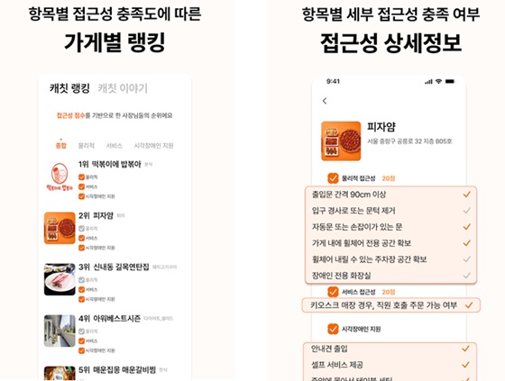 맛집 접근성 정보 제공 앱 ‘캐칫’ 화면. ©그린라이트