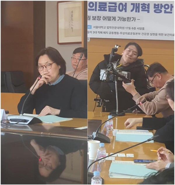 지난 2월 27일 ‘보편적 건강 보장을 위한 의료급여 개혁 방안 모색’이란 제목의 토론회에서 동자동사랑방 박승민 활동가(좌측)와 서울장애인차별철폐연대 박지호 활동가(우측)가 토론하는 모습. ⓒ이원무