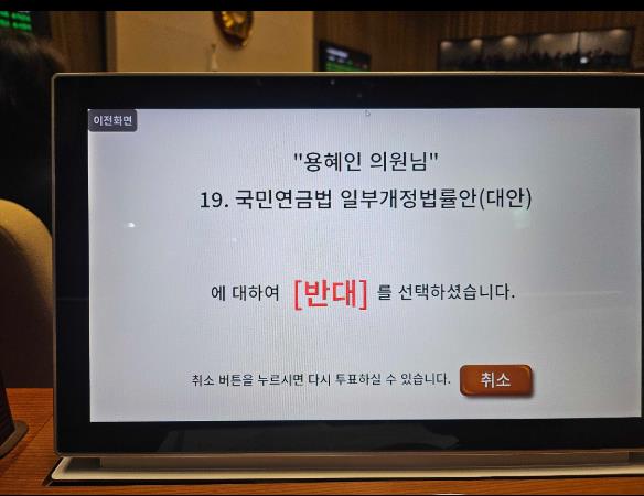 연금보험료 13%, 연금 소득대체율 43%인 안인 국민연금법 일부개정법률안에 대해 기본소득당 용혜인 의원이 반대했다는 것을 표시한 장면. ⓒ용혜인 의원 Instagram