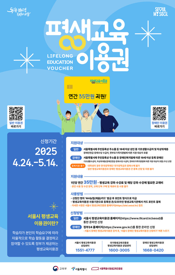 서울시가 오는 5월 14일까지 장애인 등 교육 소외계층을 위한 ‘2025년 평생교육이용권’ 지원자를 모집한다.ⓒ서울시