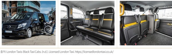 휠체어 사용이 가능한 런던블랙캡 택시 외부와 내부(출처: London Taxis: Black Taxi Cabs. (n.d.). Licensed London Taxi. https://licensedlondontaxi.co.uk/).ⓒ국회도서관