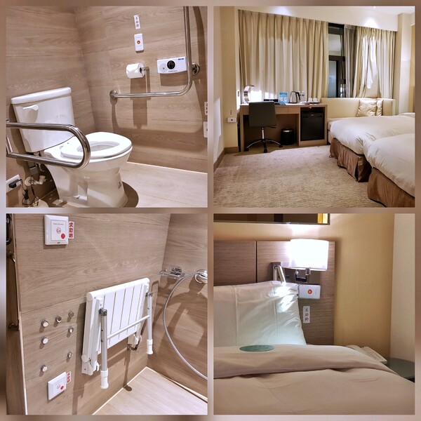 편안함과 배려가 담긴 휠체어용 숙소 내부. 접이식 샤워 의자와 안전 손잡이, 8개의 비상벨. ©하석미