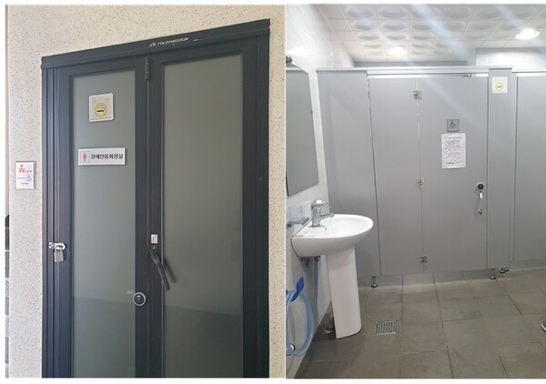 화성시 어느 상가의 장애인화장실. 좌측은 여자 화장실 외부, 우측은 남자 화장실 내부. ©서인환