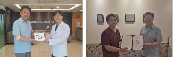경상남도 지역장애인보건의료센터가 서울오치과의원(좌)과 크라운치과보철과치과의원(우)을 방문해 장애인 안심 의료기관 현판 및 인증서를 전달했다.ⓒ경상남도 지역장애인보건의료센터