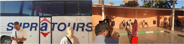 모로코 마라케시 기차역(Gare du Marrakech) 근처 수프라투어 버스 정류장에 있는수프라투어 버스(좌측), 정류장에서 메르주가로 가기 위해 모인 일행들 (우측). ⓒ이원무