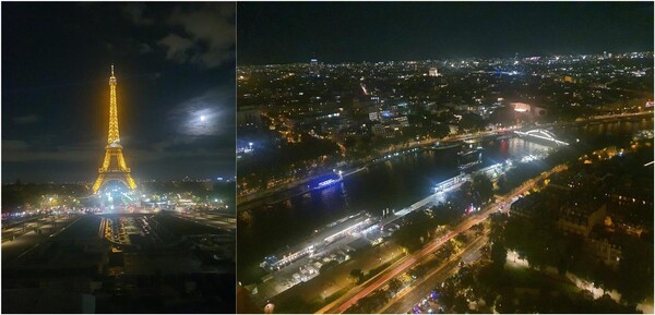 트로카데로(Trocadero) 광장에서 바라본 에펠탑 전경(좌측), 에펠탑 2층에서 바라본 파리 시내 야경(개선문, 세느강 포함, 우측) . ⓒ이원무