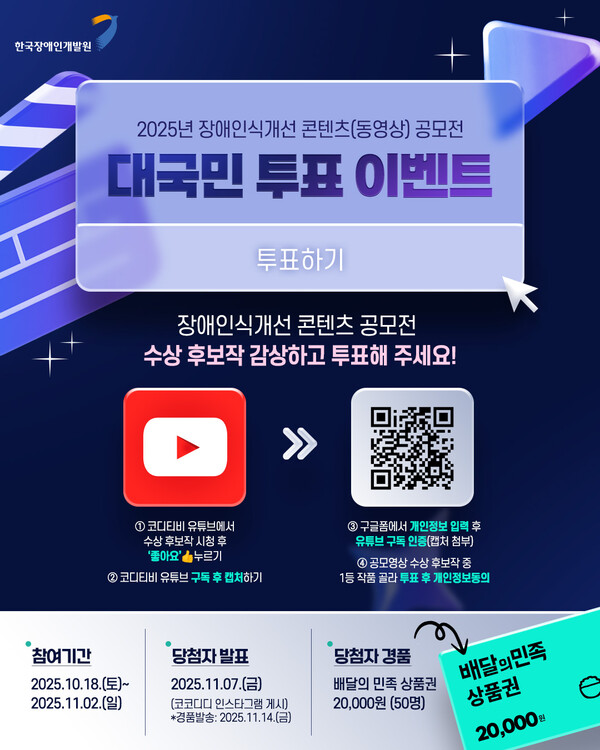 보건복지부와 한국장애인개발원이 ‘2025년 장애인식개선 콘텐츠(동영상) 공모전’의 1·2차 심사를 통해 대국민 투표 대상 12개 작품을 선정하고, 오는 11월 2일까지 대국민 온라인 투표를 진행한다.ⓒ한국장애인개발원