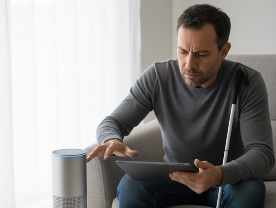 AI로 생성한 ‘AI 기기 사용에 어려움을 겪는 시각장애인 이미지’. ©제미나이