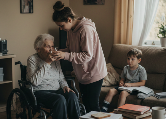 부모나 조부모, 형제자매 등 장애나 질환으로 돌봄이 필요한 가족을 위해 돌봄 노동을 수행하는 영케어러 이미지. ©Gemini AI 생성 이미지