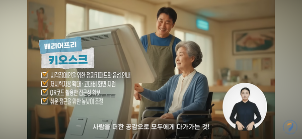 휠체어를 이용하는 고령자가 배리어프리 기능이 적용된 키오스크를 이용하는 모습.ⓒ한국장애인개발원