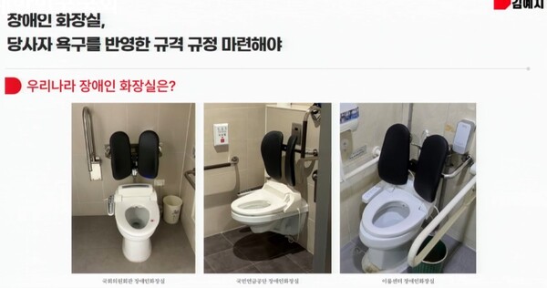당사자들의 불편한 장애인화장실 등받이 모습.ⓒ국회방송