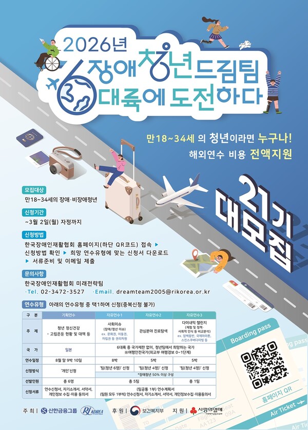 한국장애인재활협회(이하 재활협회)가 신한금융그룹 후원으로 운영하는 장애·비장애청년 해외연수 프로그램 ‘장애청년드림팀 6대륙에 도전하다’(이하 드림팀) 21기 도전자를 오는 3월 2일까지 모집한다.ⓒ한국장애인재활협회