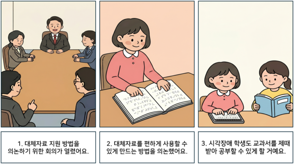 1 대체자료  지원 방법을 의논하기 위한 회의가 열렸어요. 2 대체자료를 편하게 사용할 수 있게 만드는 방법을 의논했어요. 3 시각장애 학생도 교과서를 제때 받아 공부할 수 있게 할 거예요. ©AI 편집실
