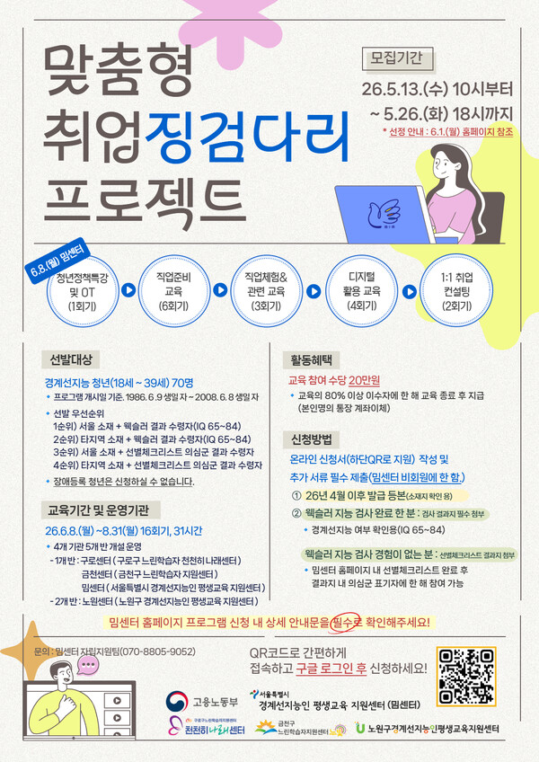 서울시가 취업에 어려움을 겪고 있는 경계선지능 청년들의 성공적인 노동시장 진입과 자립을 돕기 위해 ‘맞춤형 취업 징검다리 프로젝트’ 참여자를 오는 13일부터 26일까지 모집한다.ⓒ서울시