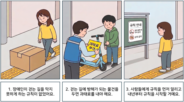 1. 장애인이 걷는 길을 막지 못하게 하는 규칙이 없었어요. 2. 걷는 길에 방해가 되는 물건을 두면 과태료를 내야 해요. 3. 사람들에게 규칙을 먼저 알리고 내년부터 규칙을 시작할 거예요. ©AI 편집실