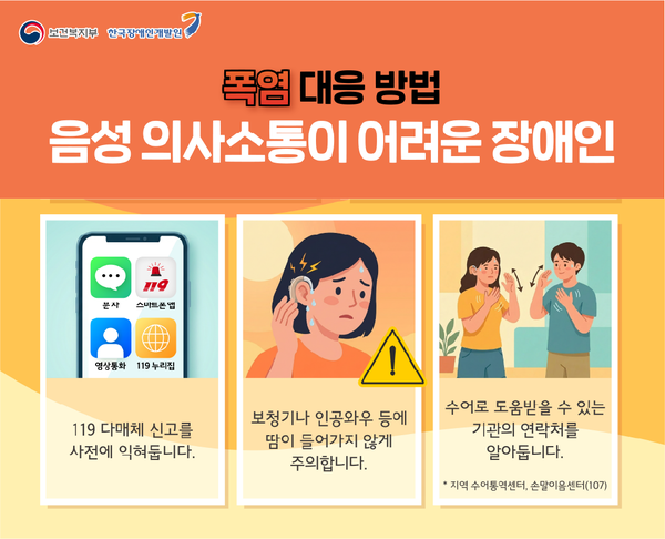 한국장애인개발원이 여름철 폭염에 대비해 장애 특성별 예방 및 대응 방법을 담은 ‘장애인 재난안전가이드 카드뉴스 2026년 1호’를 발행했다.ⓒ한국장애인개발원