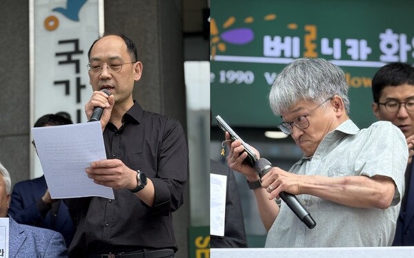 (왼쪽부터) 기자회견에서 발언 중인 진정당사자 장애아동 부모 김상진 씨, 김주현 한국뇌병변장애인인권협회 정책국장.ⓒ장애인차별금지추진연대