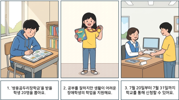 1. 쌍용곰두리장학금을 받을 학생 20명을 뽑아요. 2. 공부를 잘하지만 생활이 어려운 장애학생의 학업을 지원해요. 3. 7월 20일부터 7월 31일까지 학교를 통해 신청할 수 있어요. ©AI 편집실