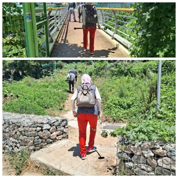 이기대파크골프장 오른쪽으로 들어가는 산비탈과 구름다리. ⓒ이복남