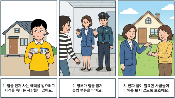 1. 집을 먼저 사는 혜택을 받으려고 자격을 속이는 사람들이 있어요. 2. 정부가 힘을 합쳐 불법 행동을 막아요. 3. 진짜 집이 필요한 사람들이 피해를 보지 않도록 보호해요. ©AI 편집실