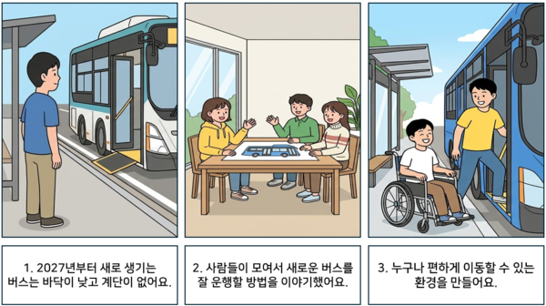 1. 2027년부터 새로 생기는 버스는 바닥이 낮고 계단이 없어요. 2. 사람들이 모여서 새로운 버스를 잘 운행할 방법을 이야기했어요. 3. 누구나 편하게 이동할 수 있는 환경을 만들어요. ©AI 편집실