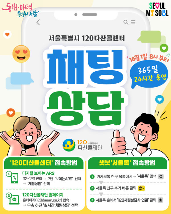서울특별시 120다산콜재단이 기존 전화상담을 중심으로 운영해 온 365일 24시간 상담체계를 실시간 채팅상담과 수어상담까지 확대한다.ⓒ서울시